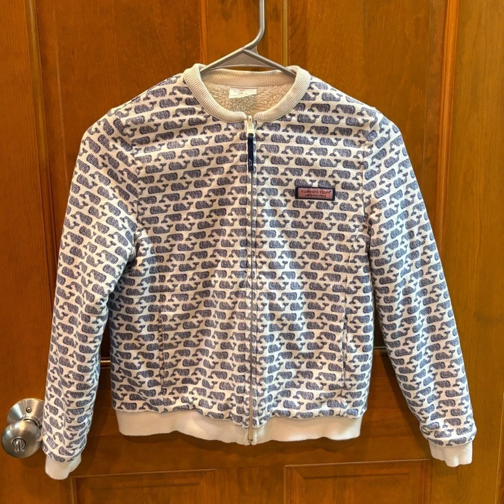 Vineyard Vines Girls Reversible Whale Print Sherpa Bomber Jacket Size M 10-12